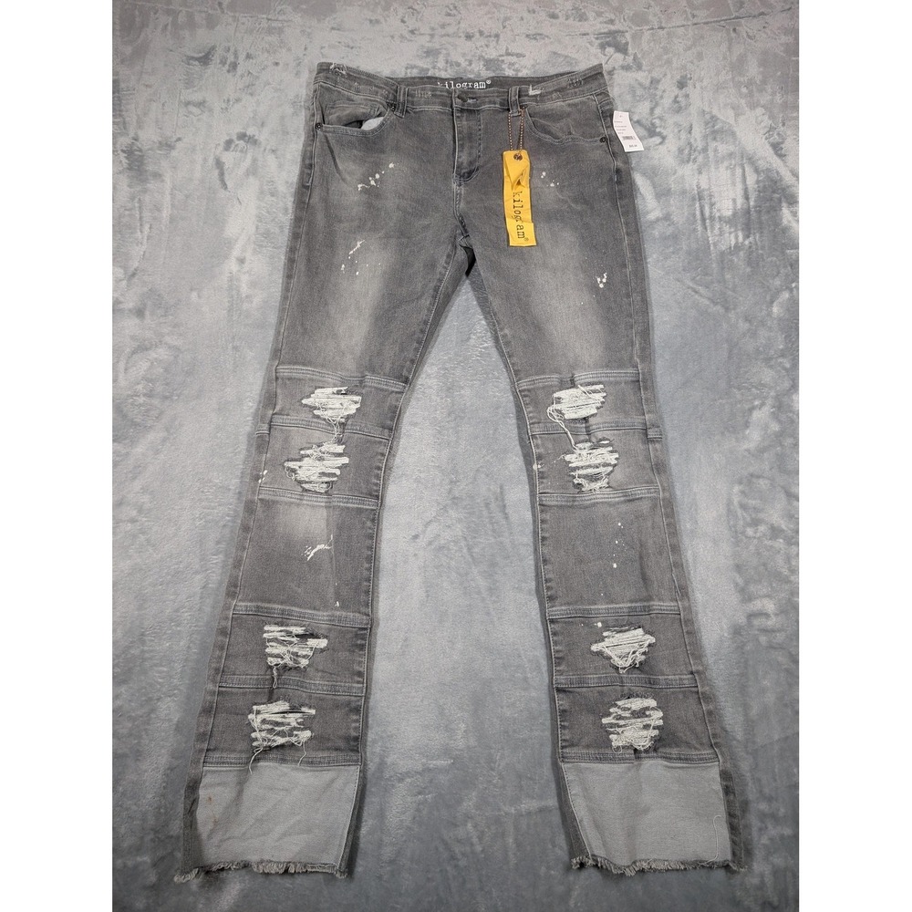 Kilogram Jeans Mens 38x34 Gray Slim Straight Distressed Fringe Stretch Denim